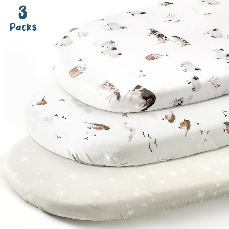 GRSSDER Stretchy Ultra Soft Fitted Bassinet Sheet Set 3 Pack, Universal Fit for Bassinets Baby Cradle Moses Basket Oval Rectangle Mattress Safe and Snug, Cute Watercolor Cows and Birds Print - Image 2